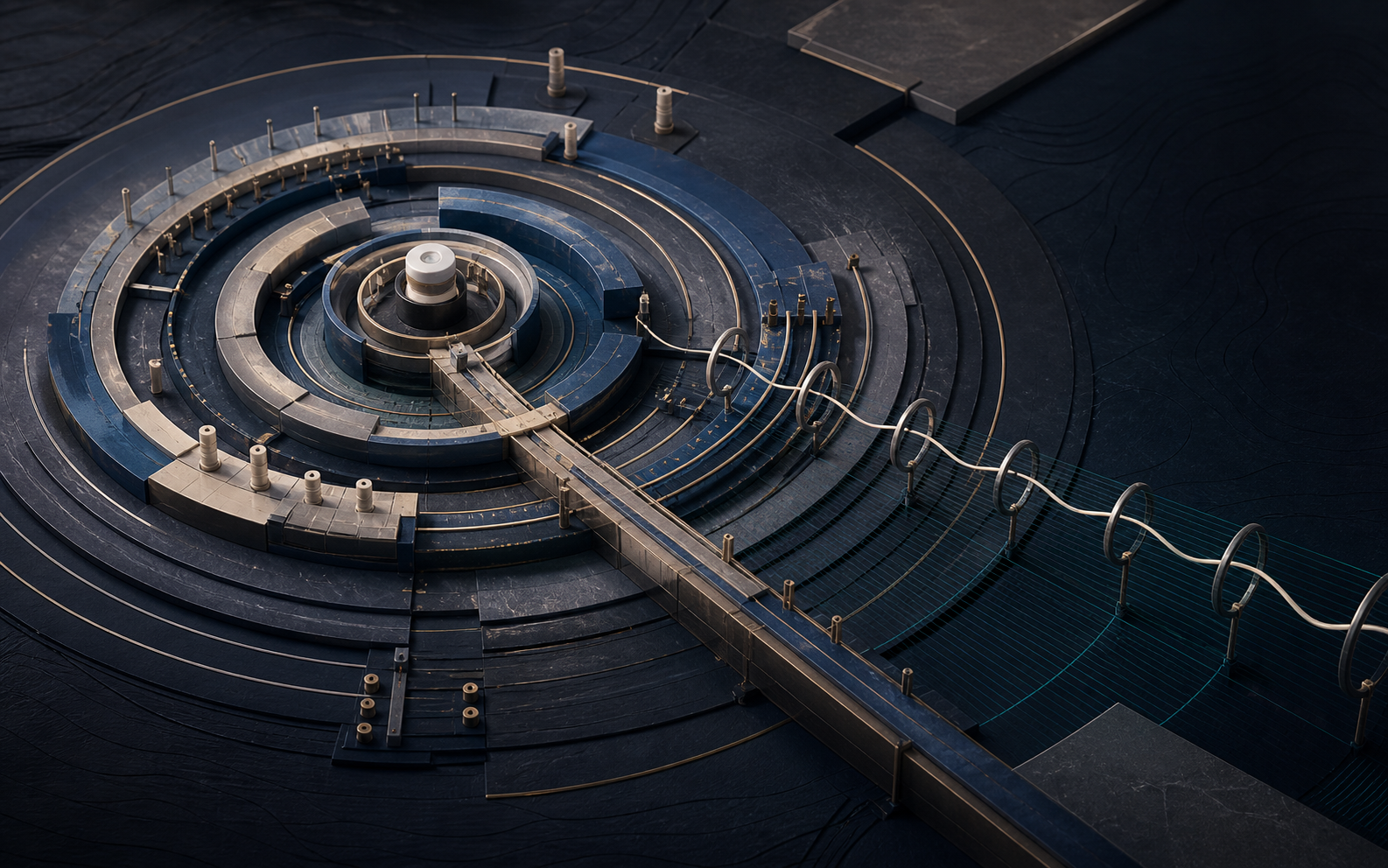 Abstract quantum and infrastructure geometry representing SuperPose Labs research themes